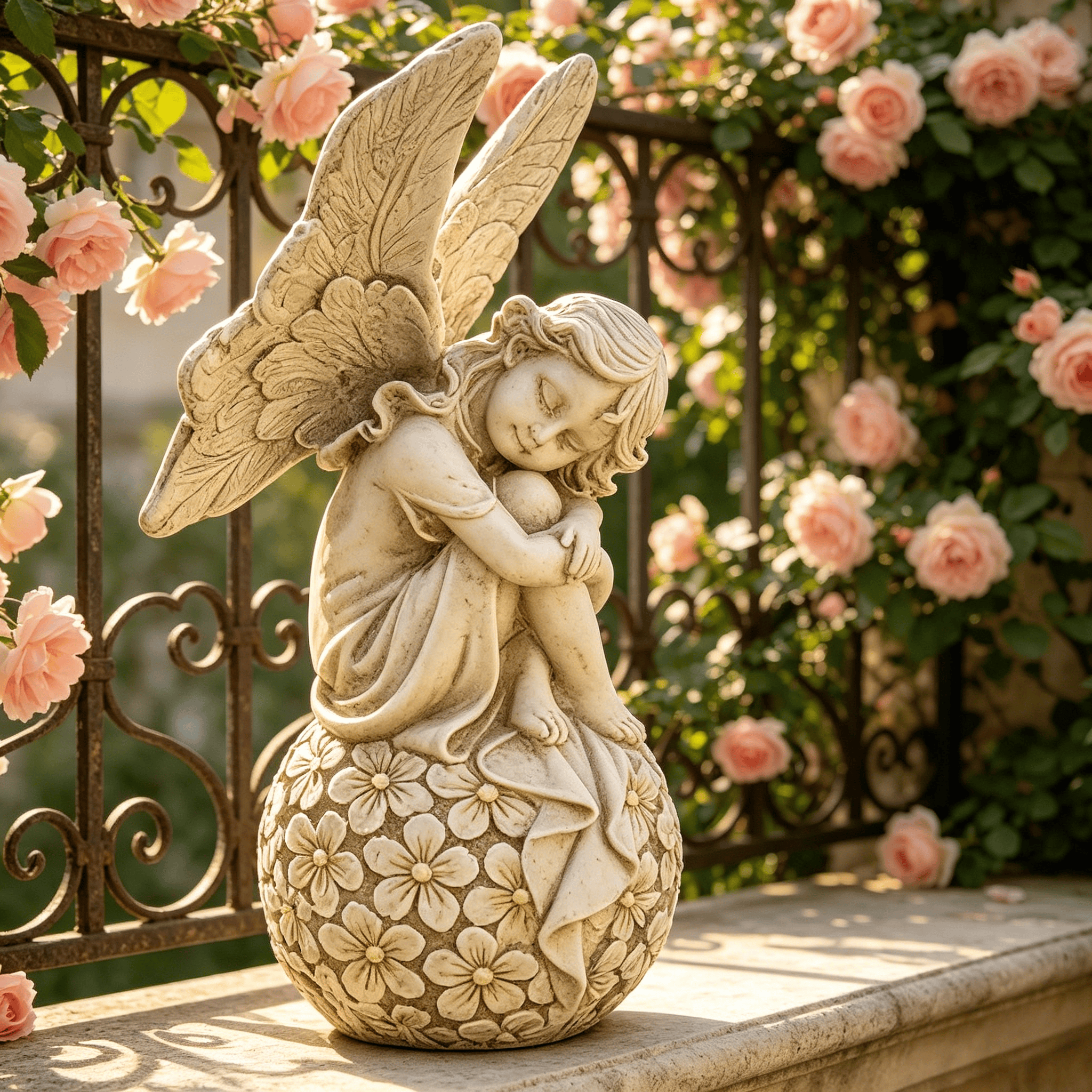Resin Art With Flowers - 13.2-inch Garden Fairy Statue, Sleeping Angel